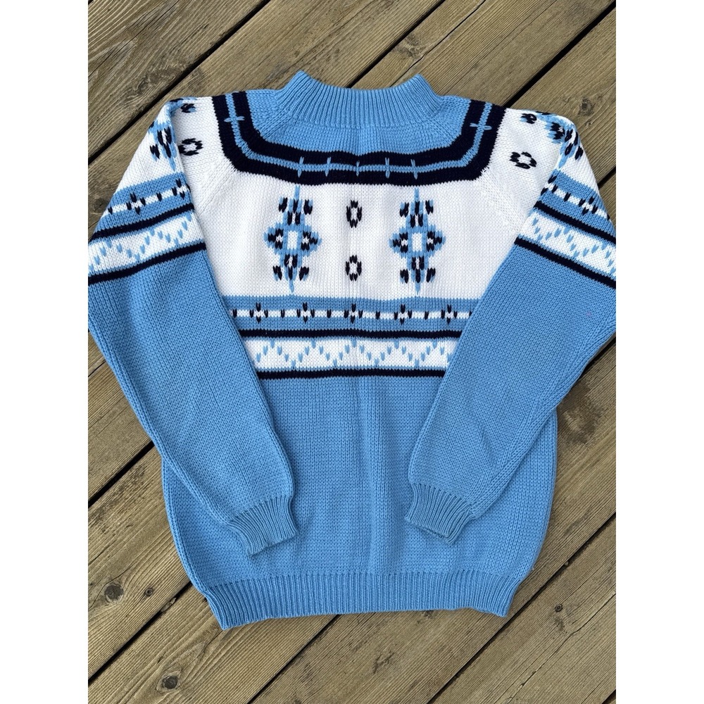 Vintage 80s Nordic Sweater Blue White Ski Cottagecore Fair Isle Knit Womens S